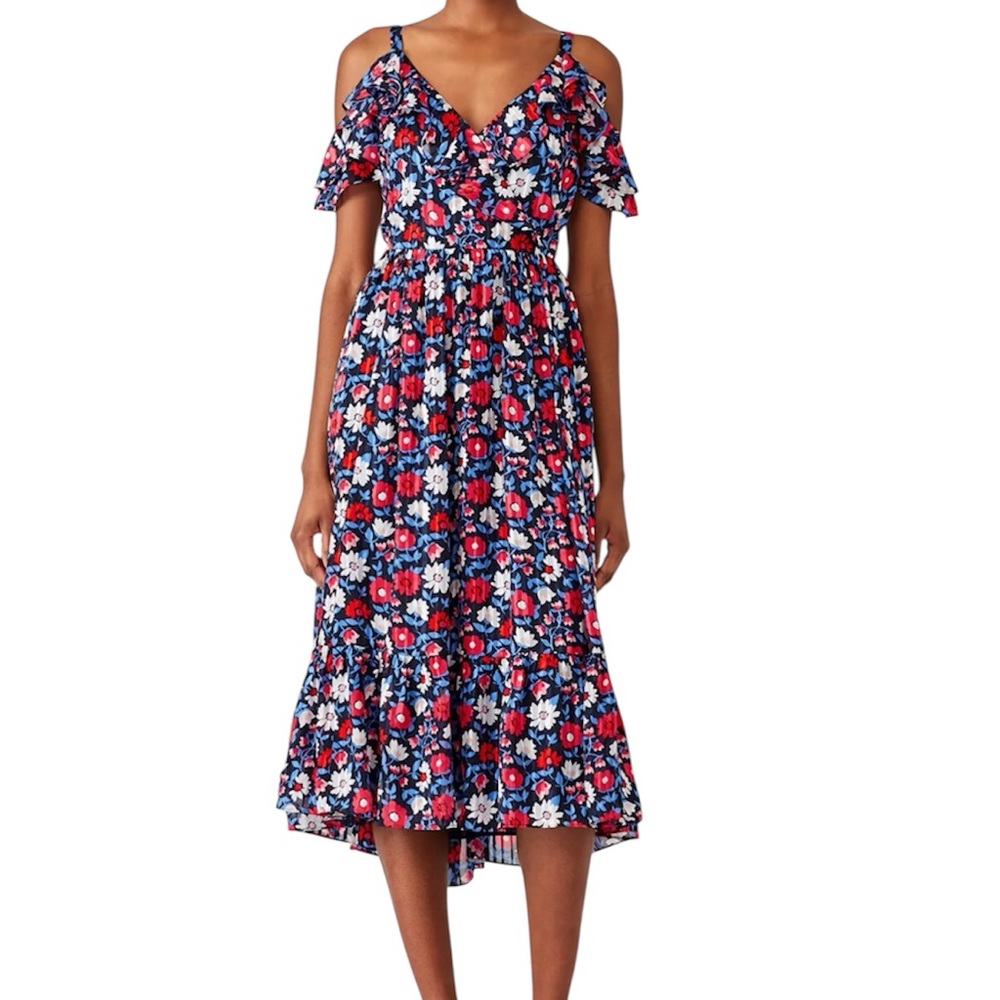 Kate Spade 100% Silk Navy Daisy Ruffle Dress Strappy Cold Shoulder floral Size 4